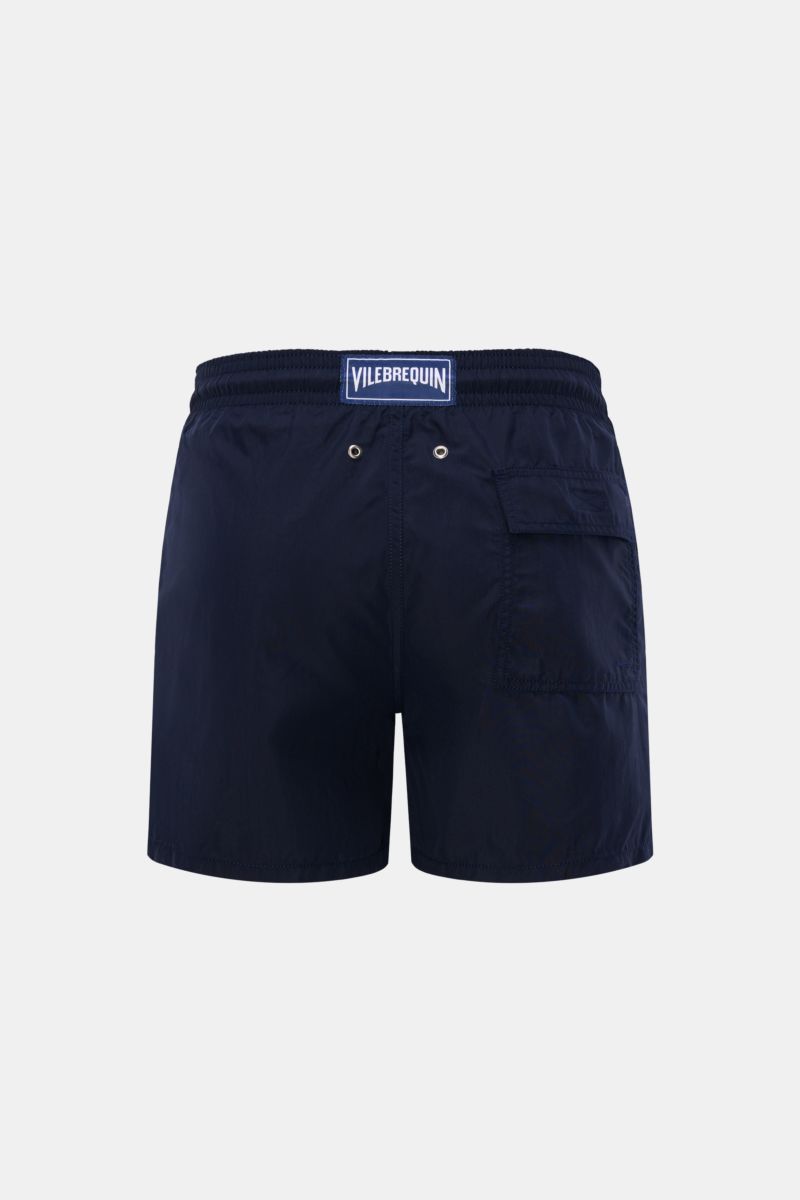 Vilebrequin Badeshorts 'Moorea' navy, Rückansicht, aus hochwertiger Microfaser mit elastischem Bund, Gesäßtasche, Entwässerungsösen, Regular Fit.