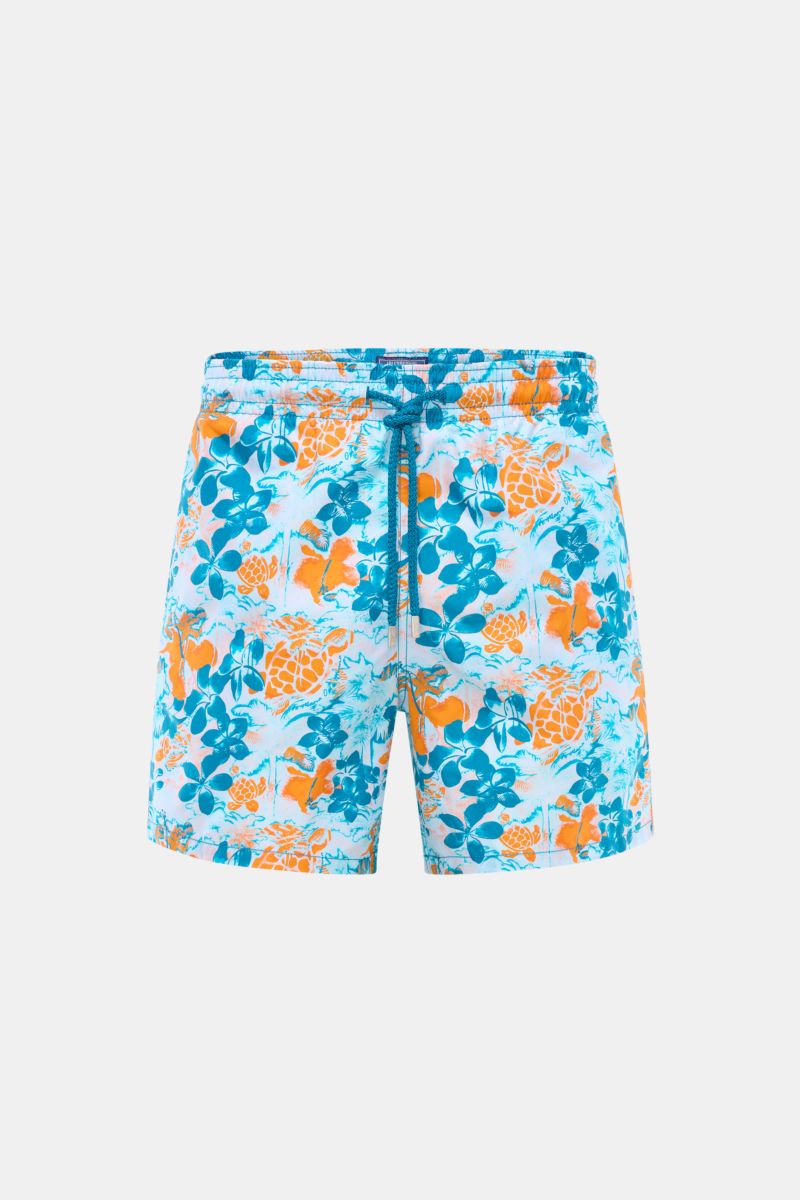 Vorderansicht der Vilebrequin Badeshorts 'Moorea' blau/neonorange gemustert aus leichter Microfaser mit elastischem Bund, Tunnelzug und Mesh-Innenfutter.