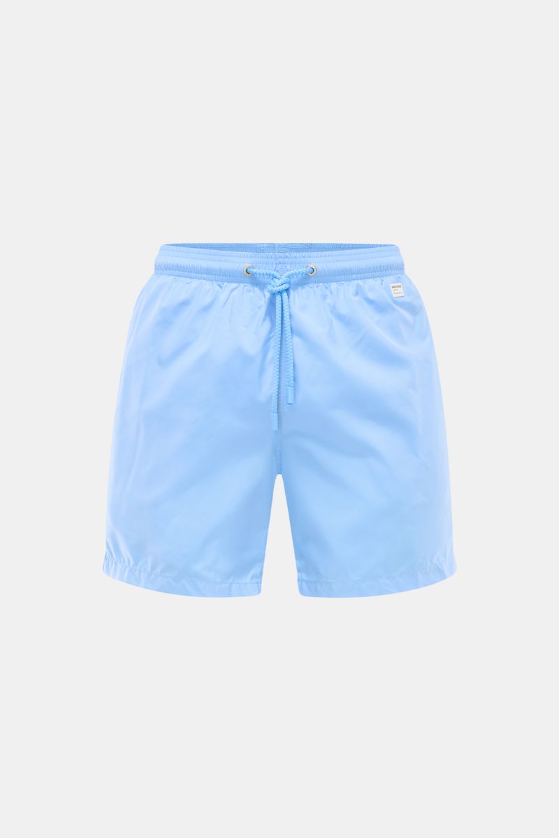 Front view of MC2 Saint Barth Swim shorts 'Lightning Pantone' light blue in lightweight recycled microfibre with elasticated waistband and drawstring. Immerse yourself in the refreshing collaboration between MC2 SAINT BARTH and PANTONE: The swim shorts
