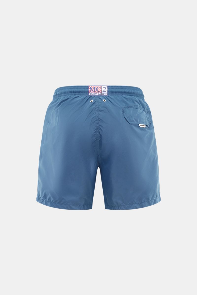 Rear view of MC2 Saint Barth Swim shorts 'Lightning Pantone' navy in lightweight recycled microfibre with elastic waistband, back pocket, and logo patch.

Description: Immerse yourself in the refreshing collaboration between MC2 SAINT BARTH and PANTONE