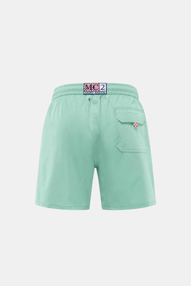 MC2 Saint Barth Badeshorts 'Comfort' türkis shown from the back, featuring elastic waistband, side zipper pocket, and Saint Barth stitching. Tauchen Sie ein in die erfrischende Welt von MC2 SAINT BARTH: Die Badeshorts 'Comfort' aus leichter, schnell trock