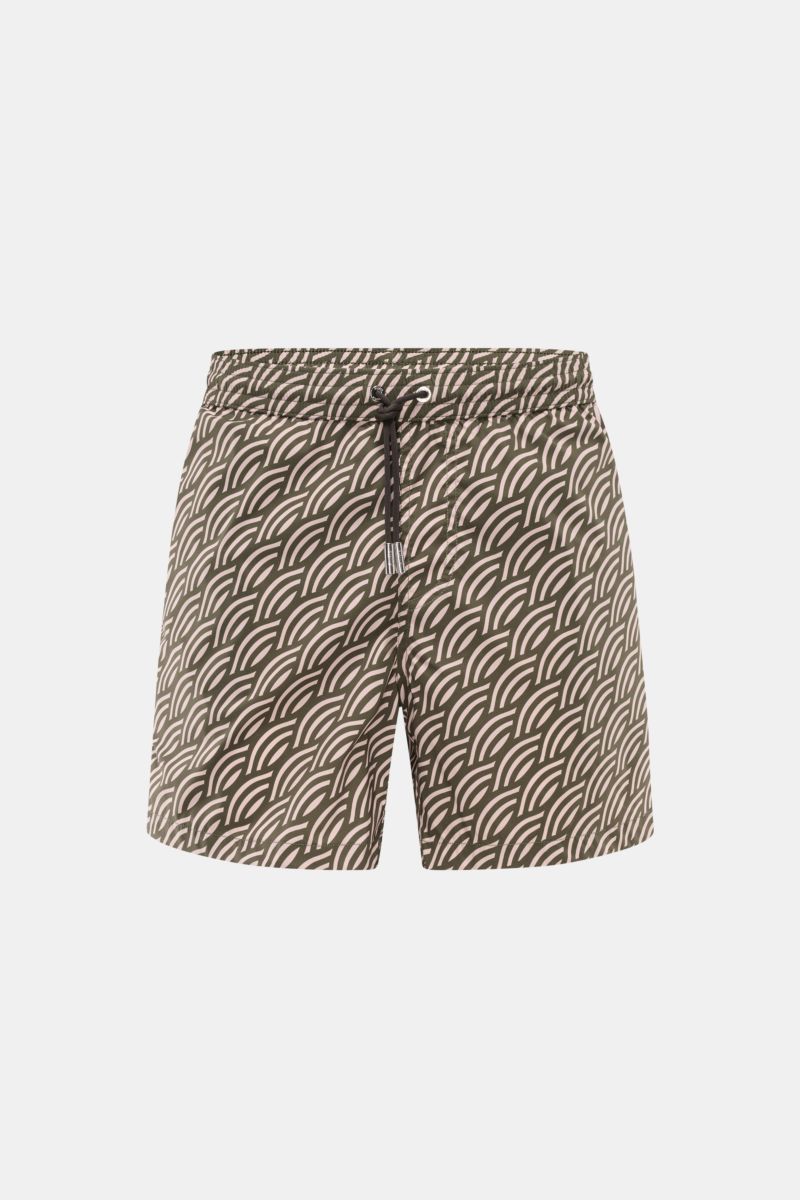 Moorer Swim shorts dark green/antique pink patterned, front view, quick-drying microfibre, smooth feel, regular fit, elasticated waistband with drawstring, small key pocket inside, pockets in side seam, back pocket with flap, smooth lining.