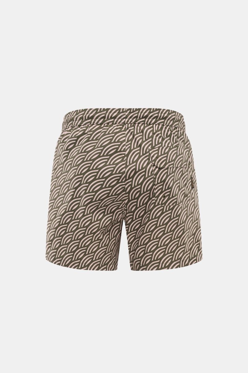 Moorer Swim shorts dark green/antique pink patterned shown from the back, with quick-drying microfiber, smooth feel, regular fit, elasticated waistband with drawstring, small key pocket inside, side seam pockets, back pocket with flap, and smooth lining.