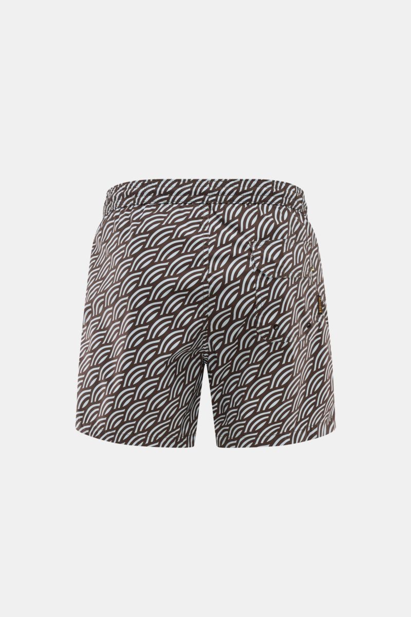 Moorer Swim shorts dark brown/smoky blue patterned shown from the back, featuring quick-drying microfibre, smooth feel, regular fit, elasticated waistband with drawstring, small key pocket inside, pockets in the side seam, back pocket with flap, and smoot