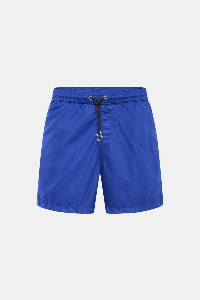 Front view of Moorer Swim shorts 'Portofino' dark blue, quick-drying microfibre, smooth feel, regular fit, elasticated waistband with drawstring, small key pocket inside, side seam pockets, back pocket with flap, smooth lining.