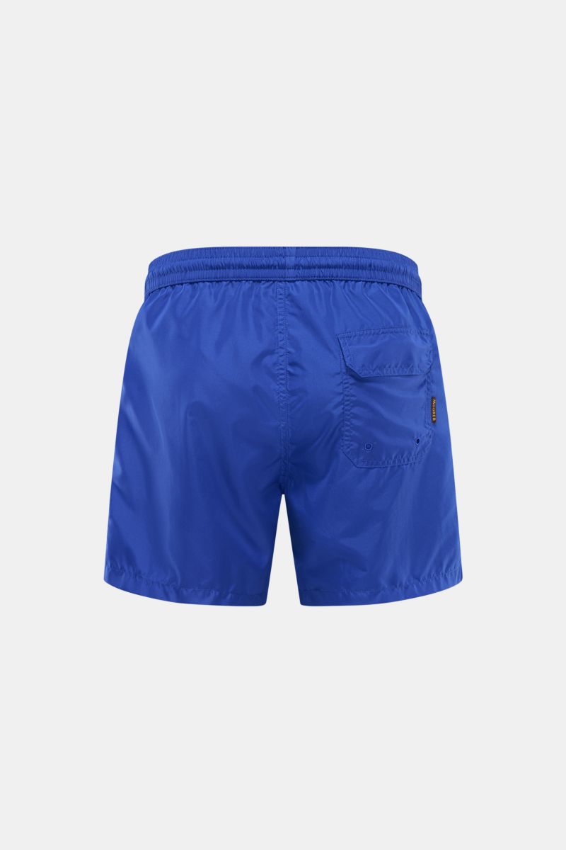 Back view of Moorer Swim shorts 'Portofino' dark blue, quick-drying microfibre, smooth feel, regular fit, elasticated waistband with drawstring, small key pocket inside, side seam pockets, back pocket with flap, smooth lining.