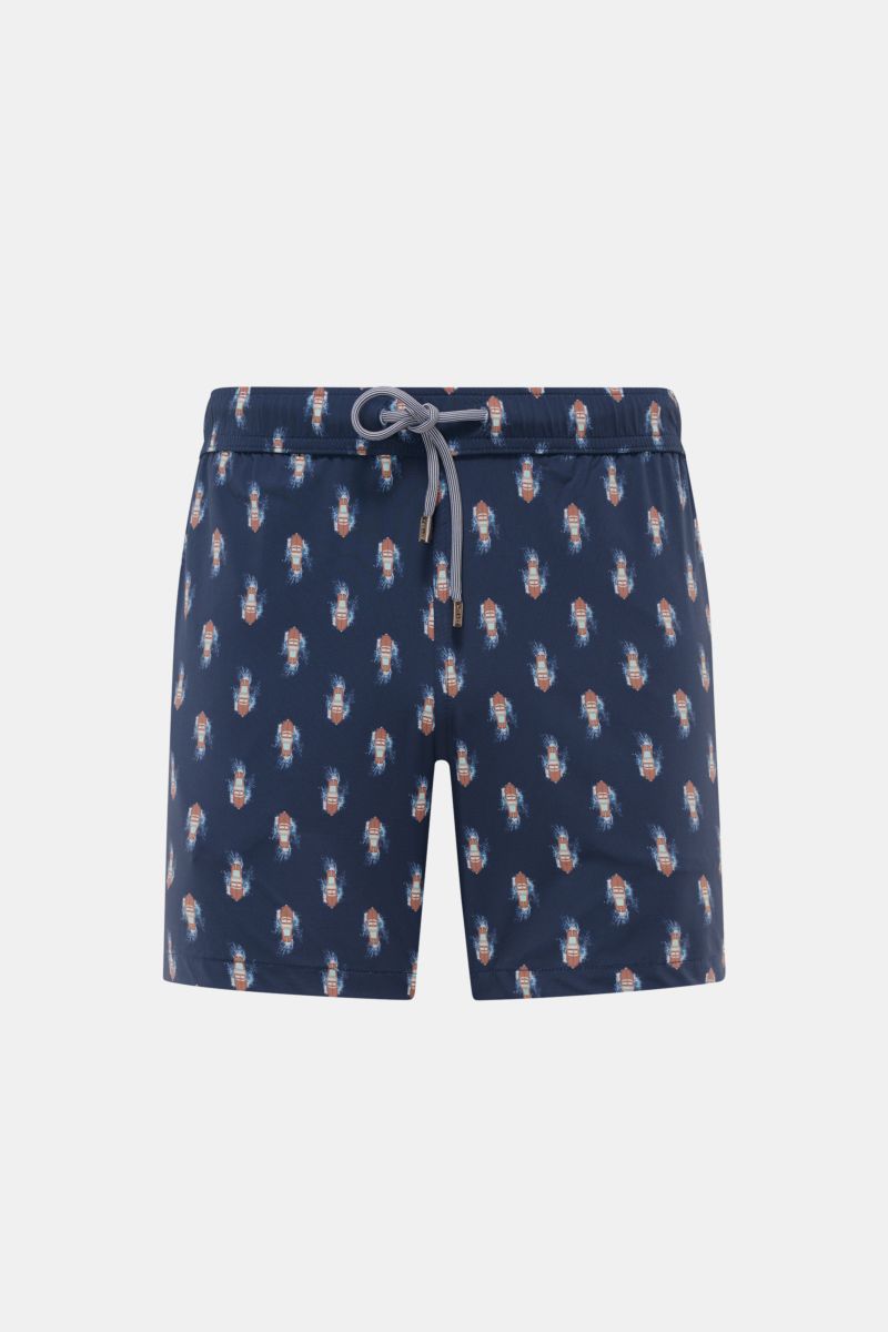 Front view of Zeybra Portofino 1962 Badeshorts 'Boat' navy/braun gemustert with a short cut and eye-catching boat pattern, elastic waistband with drawstring, side pockets, and back pocket with Velcro closure. Eyecatcher für sonnige Tage: Die Badeshorts