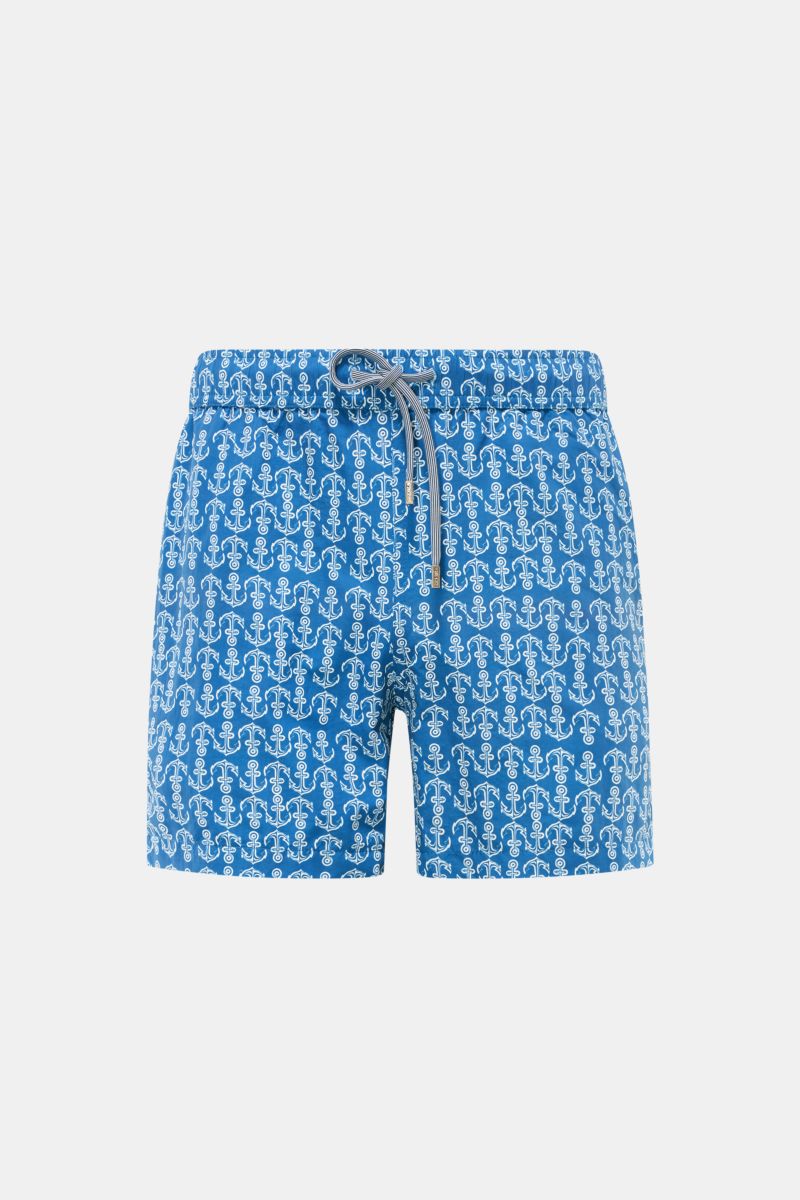 Zeybra Portofino 1962 Badeshorts blau/weiß gemustert, frontal fotografiert, mit maritimem Ankerprint, elastischem Bund, Tunnelzug, Regular Fit, Taschen.