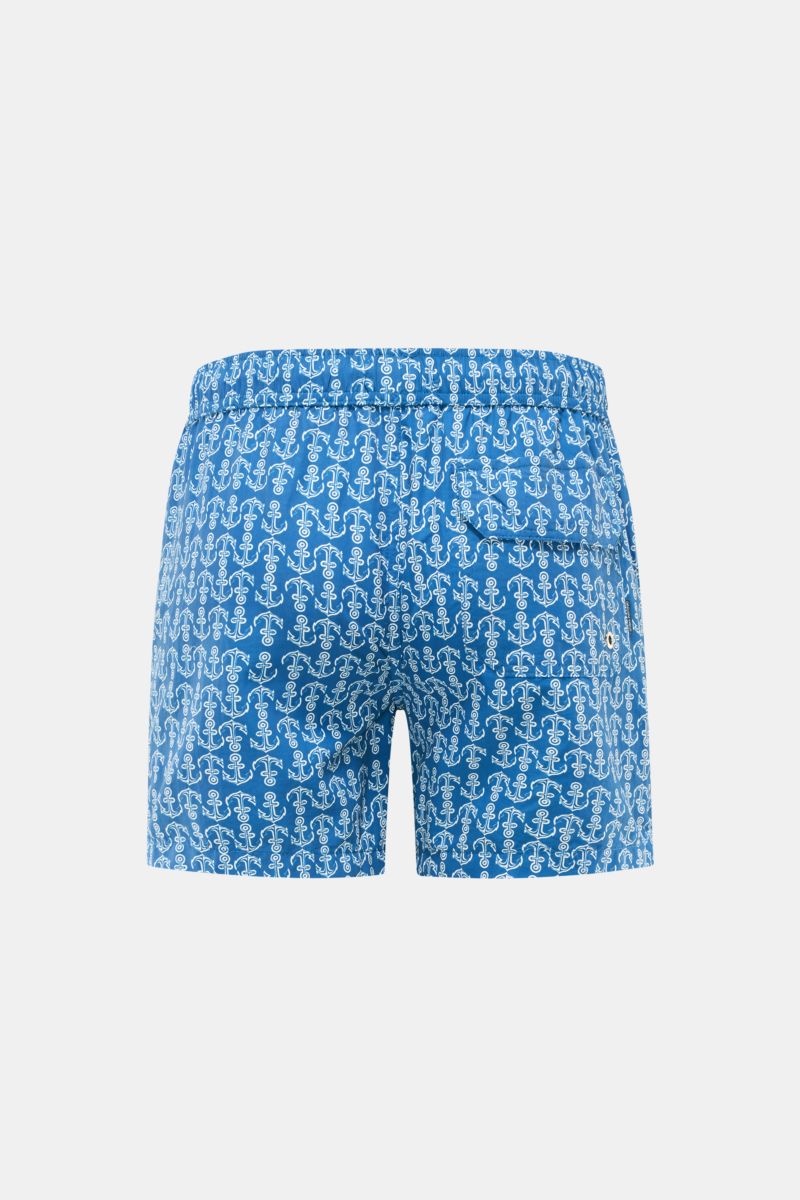 Zeybra Portofino 1962 Badeshorts blau/weiß gemustert, Rückansicht, elastischer Bund, Gesäßtasche mit Klettverschluss, Microfaser, Regular Fit.
