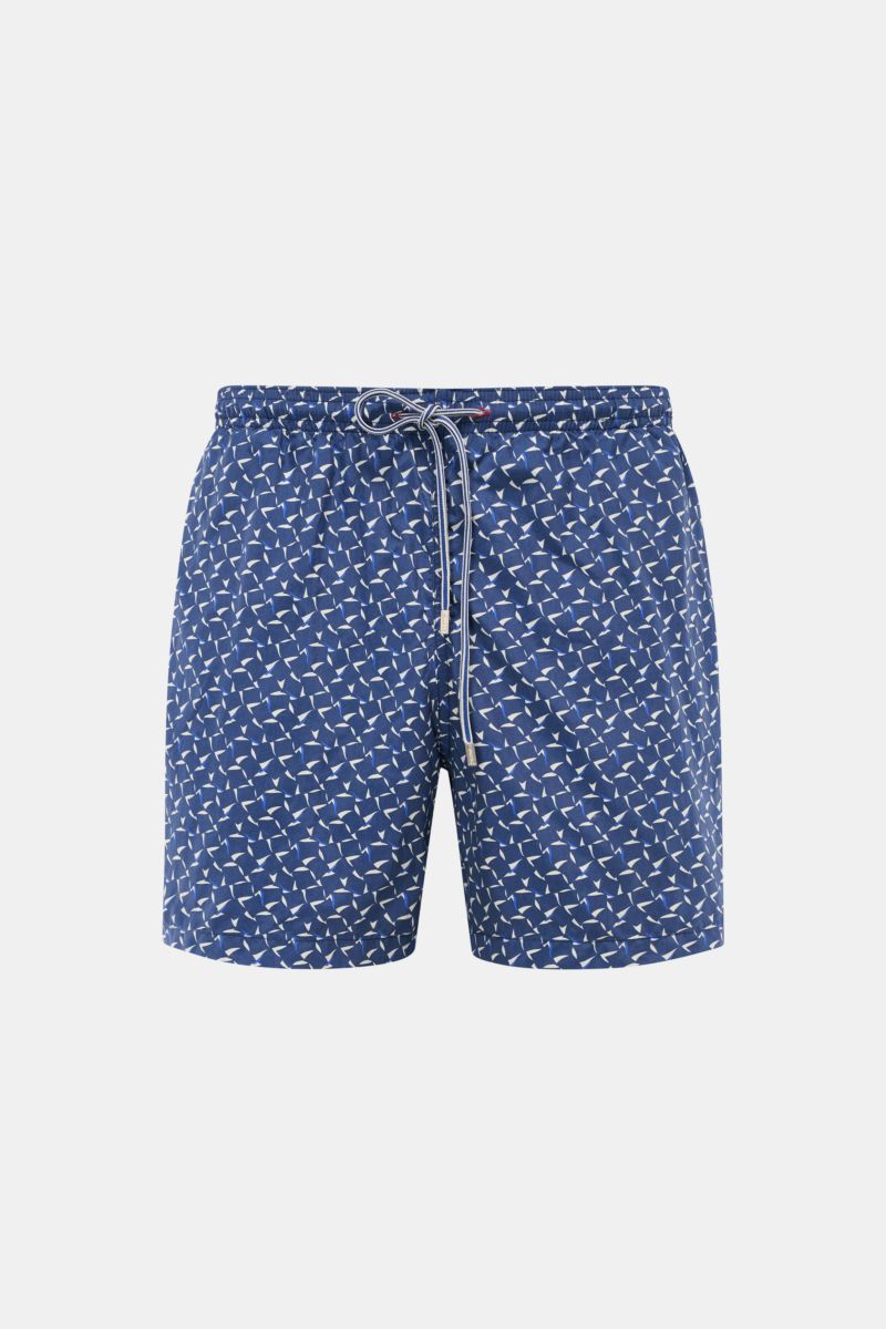 Zeybra Portofino 1962 Badeshorts 'Foulard' navy/hellgrau/blau gemustert shown from front view, featuring graphic print and elastic waistband with drawstring. Ausdrucksstarker Beach-Look: Die Badeshorts von ZEYBRA PORTOFINO 1962 verbinden grafischen Pri