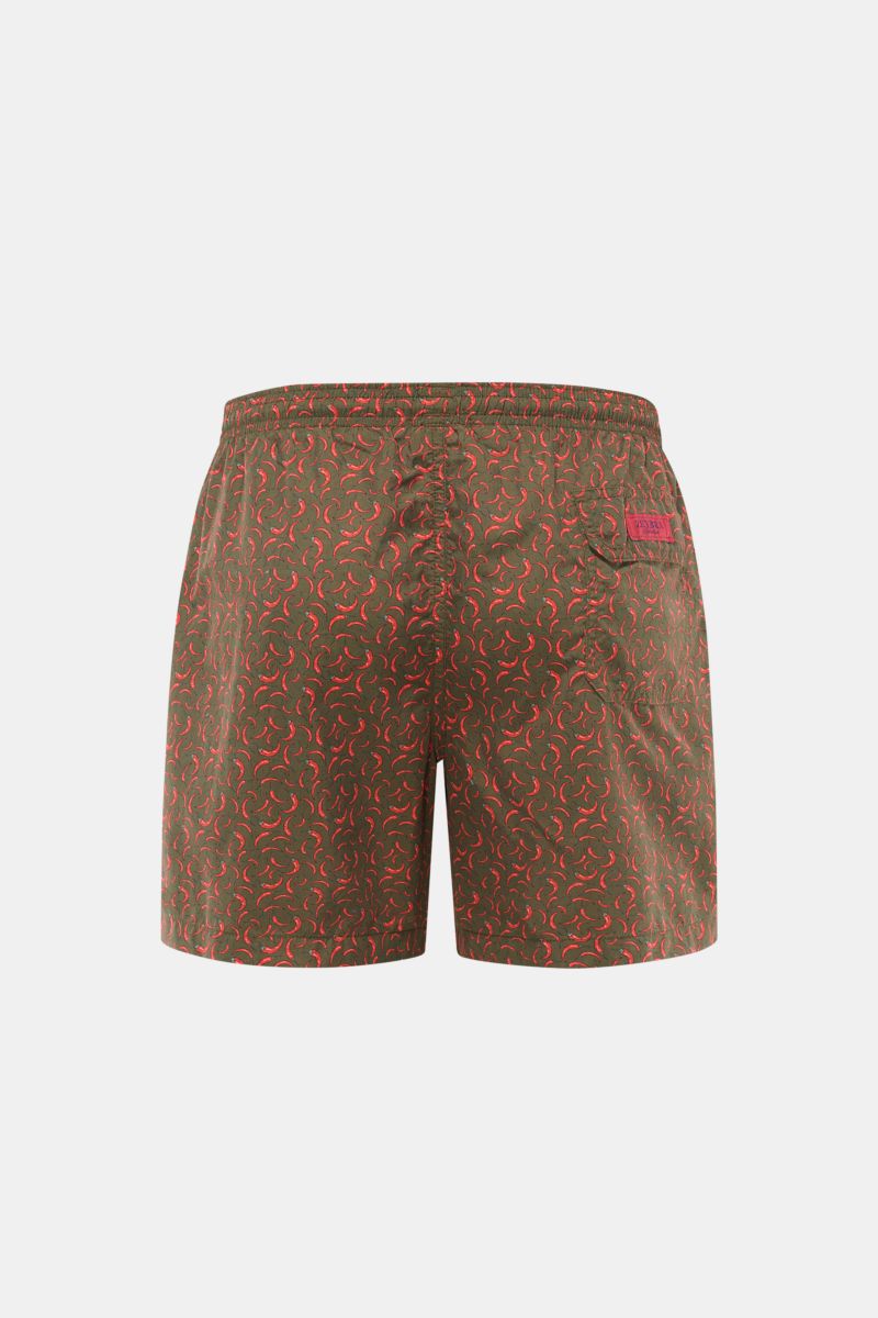 Rear view of Zeybra Portofino 1962 Badeshorts 'Peperoncini' dunkelgrün/rot gemustert with elastic waistband, side seam pockets, and Velcro back pocket, showcasing short cut and vibrant chili pepper print on high-quality microfiber fabric.

Eyecatcher f