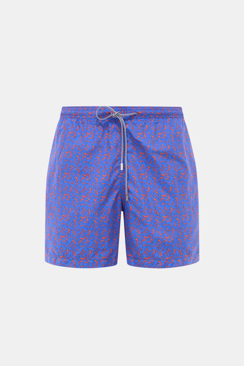 Front view of Zeybra Portofino 1962 Badeshorts 'Peperoncini' blau/rot gemustert with short cut, elastic waistband, side and back pockets, made of smooth microfiber. Eyecatcher für sonnige Tage: Die Badeshorts von ZEYBRA PORTOFINO 1962 überzeugen mit kurze