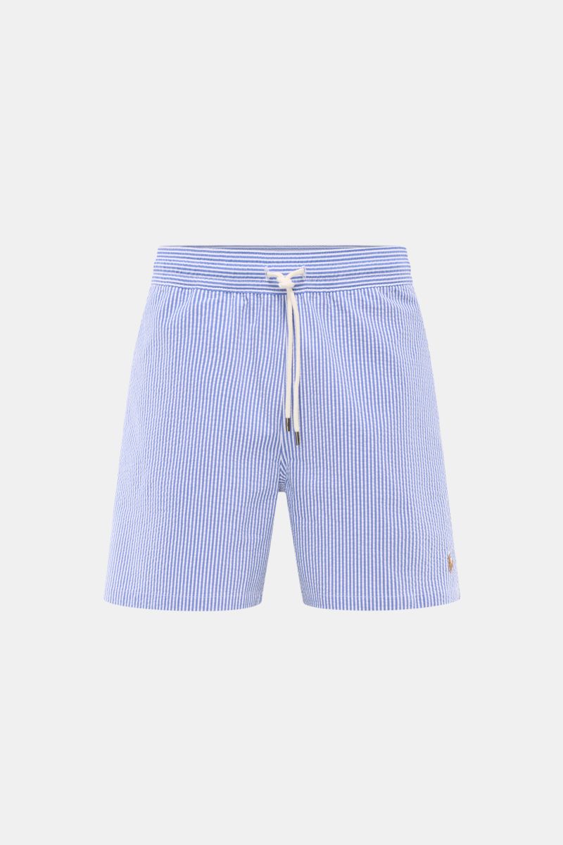 Polo Ralph Lauren Badeshorts 'Traveler' blau/weiß gestreift, Regular Fit, elastischer Bund mit Tunnelzug, Frontperspektive, Seersucker Baumwolle/Microfaser, Seitentaschen, Gesäßtasche mit Patte, Mesh-Innenfutter.