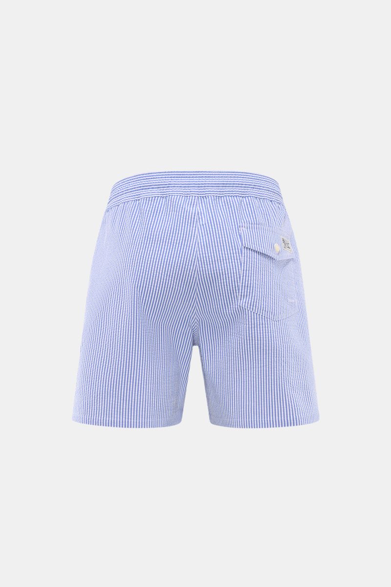Polo Ralph Lauren Badeshorts 'Traveler' blau/weiß gestreift, Rückansicht, Regular Fit, elastischer Bund, Gesäßtasche mit Patte, Seersucker aus Baumwolle/Microfaser.