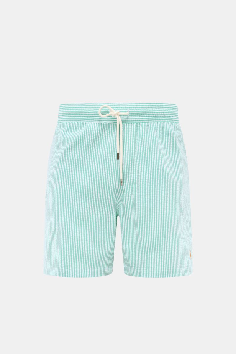 Polo Ralph Lauren Seersucker-Badeshorts 'Traveler' mint/weiß gestreift, Regular Fit, elastischer Bund mit Tunnelzug, Frontansicht, Baumwoll-Mix, Taschen, Mesh-Futter.
