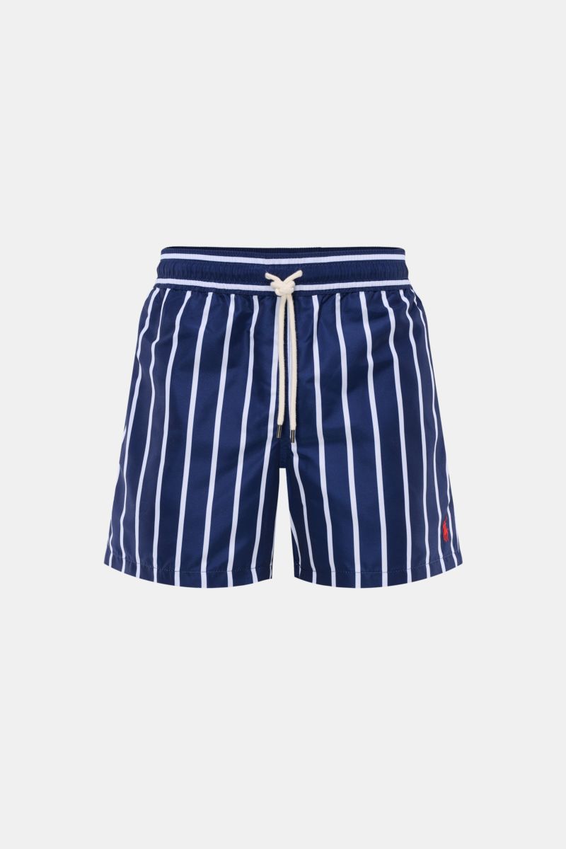 Polo Ralph Lauren Badeshorts 'Traveler' navy/weiß gestreift, frontale Nahaufnahme, Regular Fit, elastischer Bund, Tunnelzug, Logo-Stitching, Taschen.