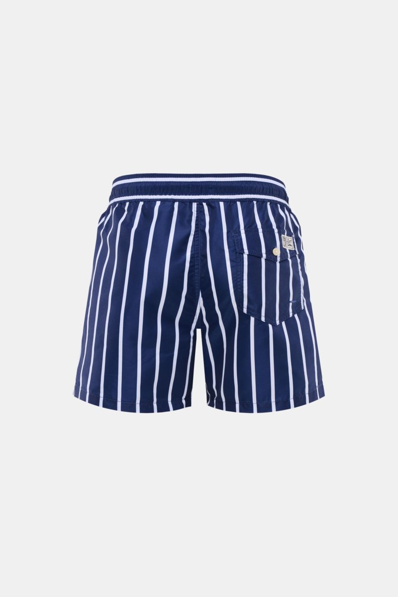 Polo Ralph Lauren Badeshorts 'Traveler' navy/weiß gestreift, Rückansicht, Regular Fit, elastischer Bund, geknöpfte Gesäßtasche, Microfaser.
