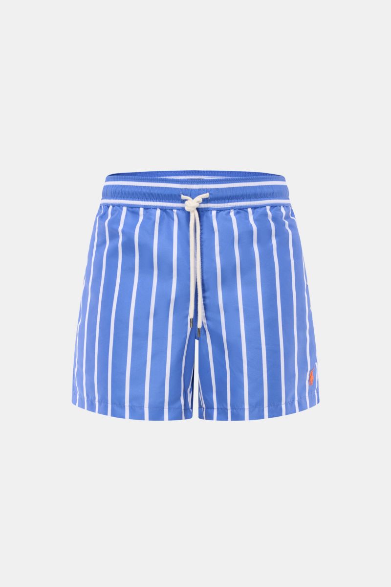 Polo Ralph Lauren Swim shorts 'Traveler' blue/white striped shown from the front with elastic waistband, drawstring, side pockets, and logo.

Stylish confidence for your travels: These POLO RALPH LAUREN swim shorts are the perfect companion for your ne