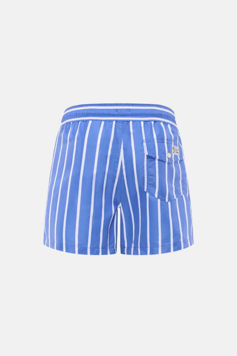 Rear view of Polo Ralph Lauren Swim shorts 'Traveler' blue/white striped with elasticated waistband, back pocket with button flap, side seam pockets.

Stylish confidence for your travels: These POLO RALPH LAUREN swim shorts are the perfect companion fo