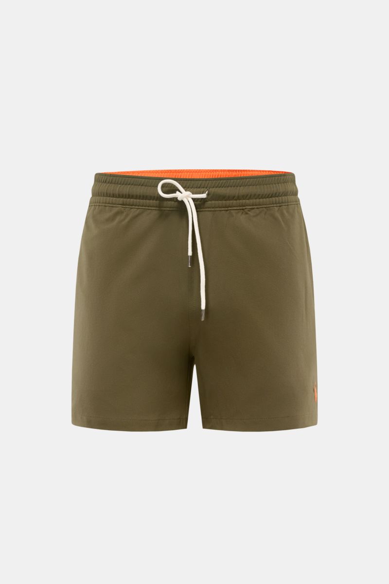 Polo Ralph Lauren Badeshorts 'Traveler' oliv, Frontansicht, Regular Fit, schnelltrocknende Microfaser, elastischer Bund mit Tunnelzug, Taschen, Mesh-Innenfutter.