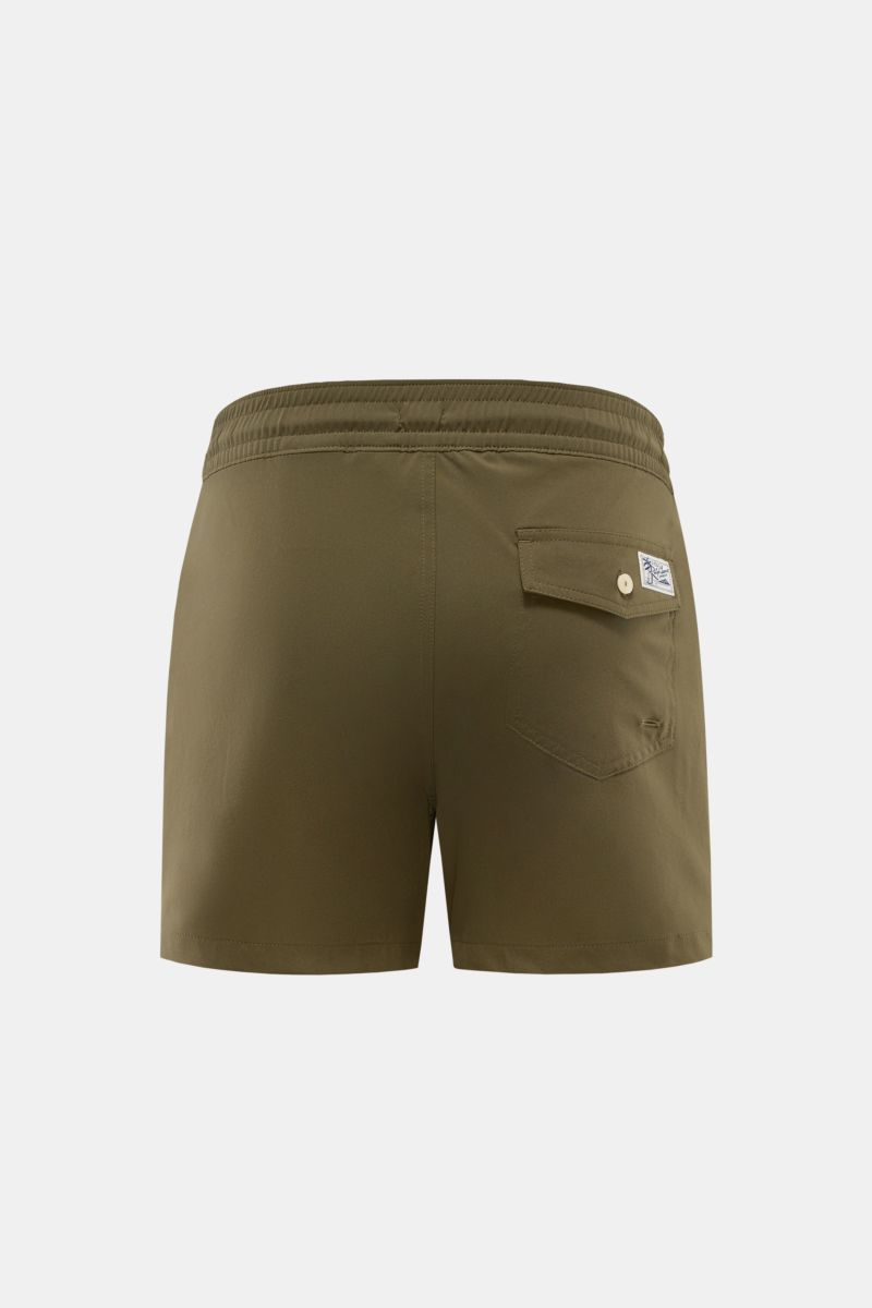 Polo Ralph Lauren Badeshorts 'Traveler' oliv, Rückansicht, Regular Fit, elastischer Bund, Gesäßtasche mit Patte, schnelltrocknende Microfaser, Mesh-Innenfutter.