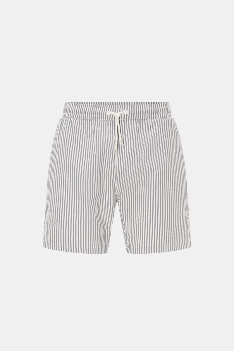 Front view of 04651/ A trip in a bag Swim shorts navy/white striped with elasticated waistband, drawstring, and side pockets, perfect for summer.

Description: Perfect for your next summer holiday: With their modern striped pattern, these swim shorts b