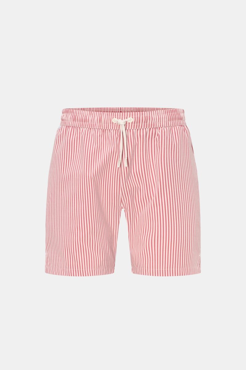 Front view of 04651/ A trip in a bag Swim shorts rose/burgundy striped with modern vertical stripes, elastic waistband, and drawstring.

Description: Perfect for your next summer holiday: With their modern striped pattern, these swim shorts by 04651/ A