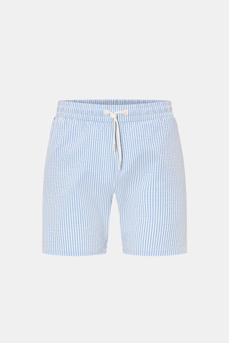 Front view of 04651/ A trip in a bag Swim shorts blue/white striped with elasticated waistband, drawstring, and side pockets.

Perfect for your next summer holiday: With their modern striped pattern, these swim shorts by 04651/ A TRIP IN A BAG are an eye-