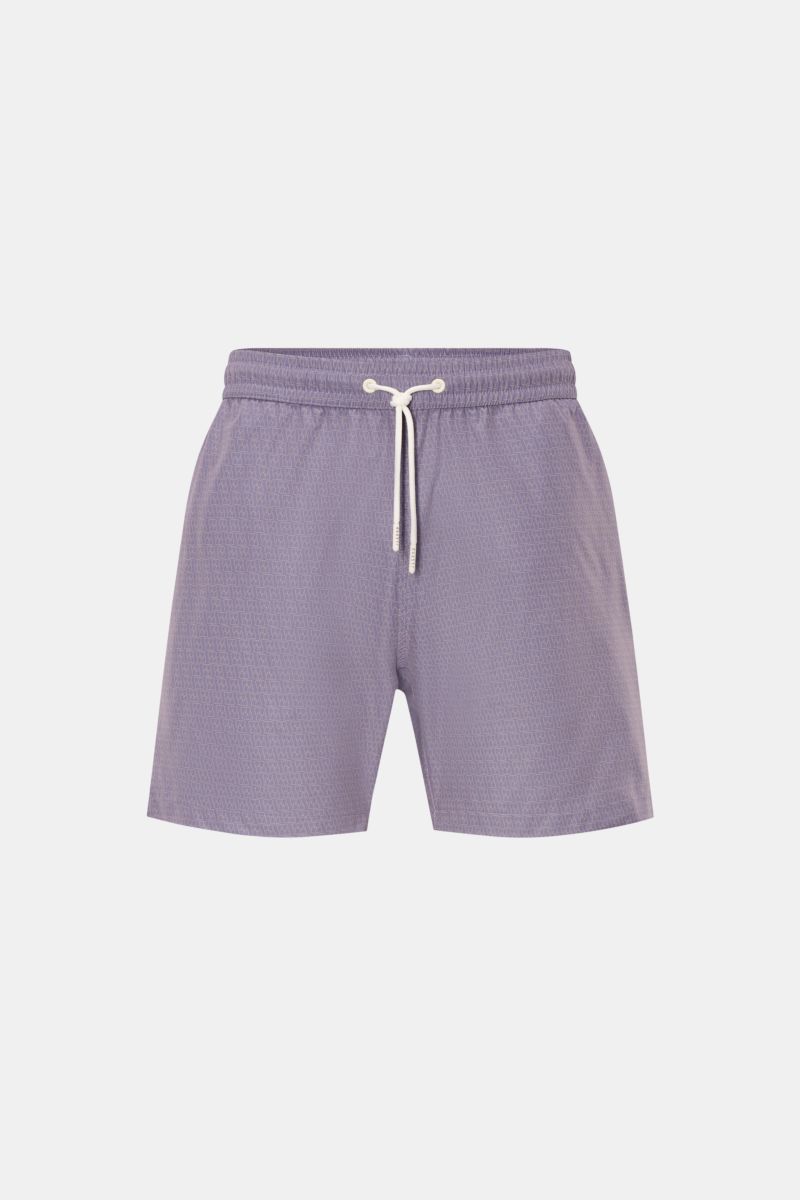 Frontansicht der 04651/ A trip in a bag Badeshorts 'Hansen' lavender/taupe gemustert mit elastischem Bund, Tunnelzug, Seitentaschen, Mesh-Innenfutter, Regular Fit.