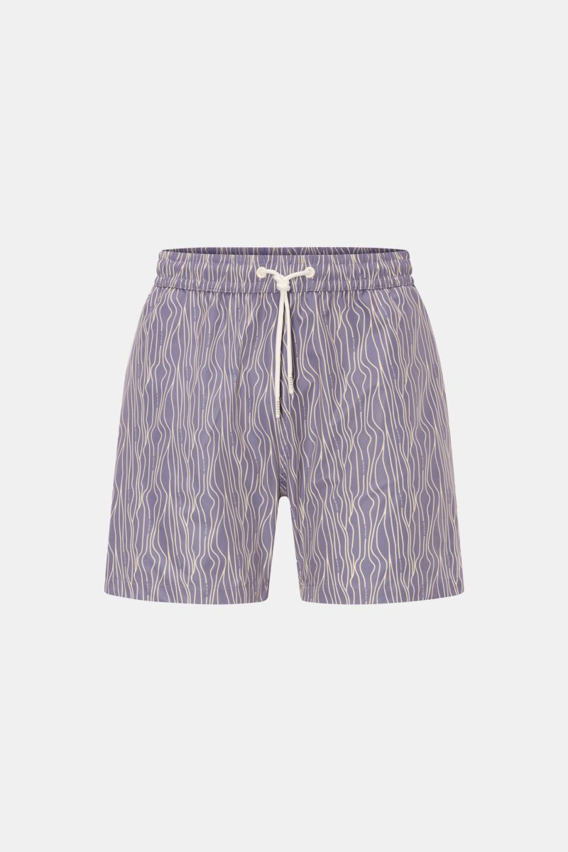 Frontansicht der 04651/ A trip in a bag Badeshorts 'Superkilen' lavender/pastellgelb gemustert mit elastischem Bund, Tunnelzug und seitlichen Taschen.