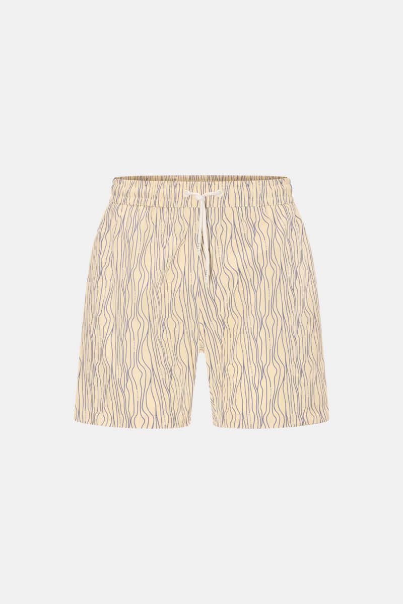 04651/ A trip in a bag Badeshorts 'Superkilen' pastellgelb/lavender gemustert, frontale Ansicht, Microfaser, Regular Fit, Tunnelzugbund, Taschen, Mesh-Innenfutter.