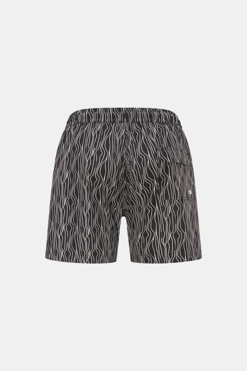 04651/ A trip in a bag Badeshorts 'Superkilen' schwarz/weiß gemustert, Rückansicht, Microfaser, Regular Fit, elastischer Bund, Taschen, Mesh-Innenfutter.