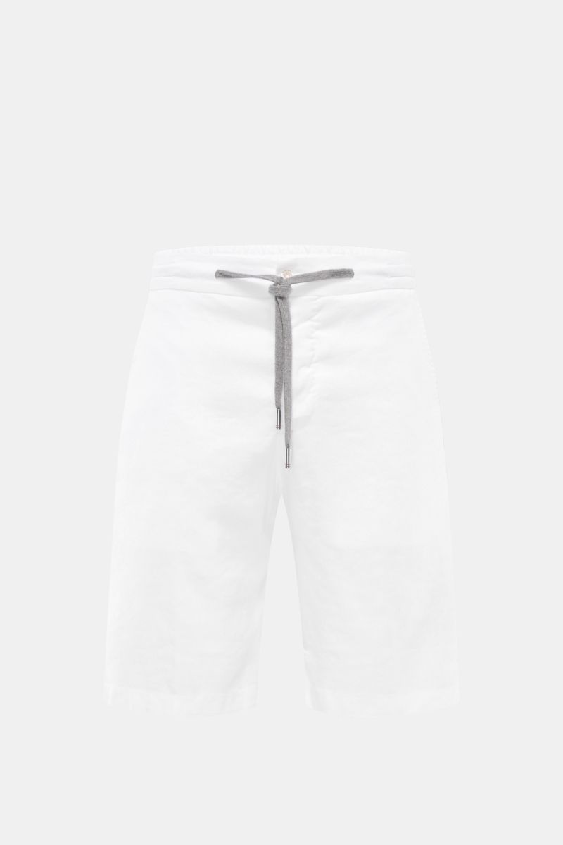Marco Pescarolo Bermudas 'Cenito' weiß, frontal fotografiert, aus Leinen-Lyocell-Mix mit Tunnelzug, Reißverschluss, Bundknopf, Taschen.