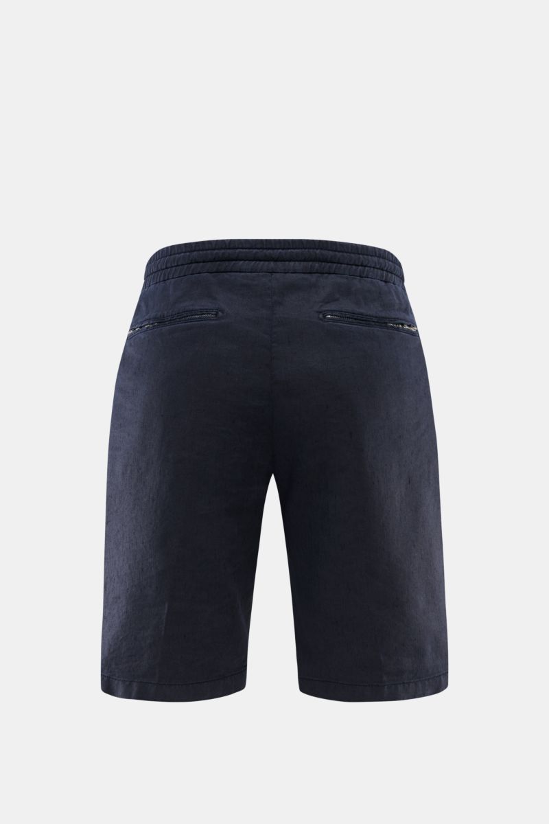 Marco Pescarolo Bermudas 'Cenito' navy in Rückansicht, aus leicht elastischem Leinen-Lyocell-Mix mit weichem Griff, Reißverschluss- und Bundknopf, teil-elastischem Bund und Zipper-Gesäßtaschen.
