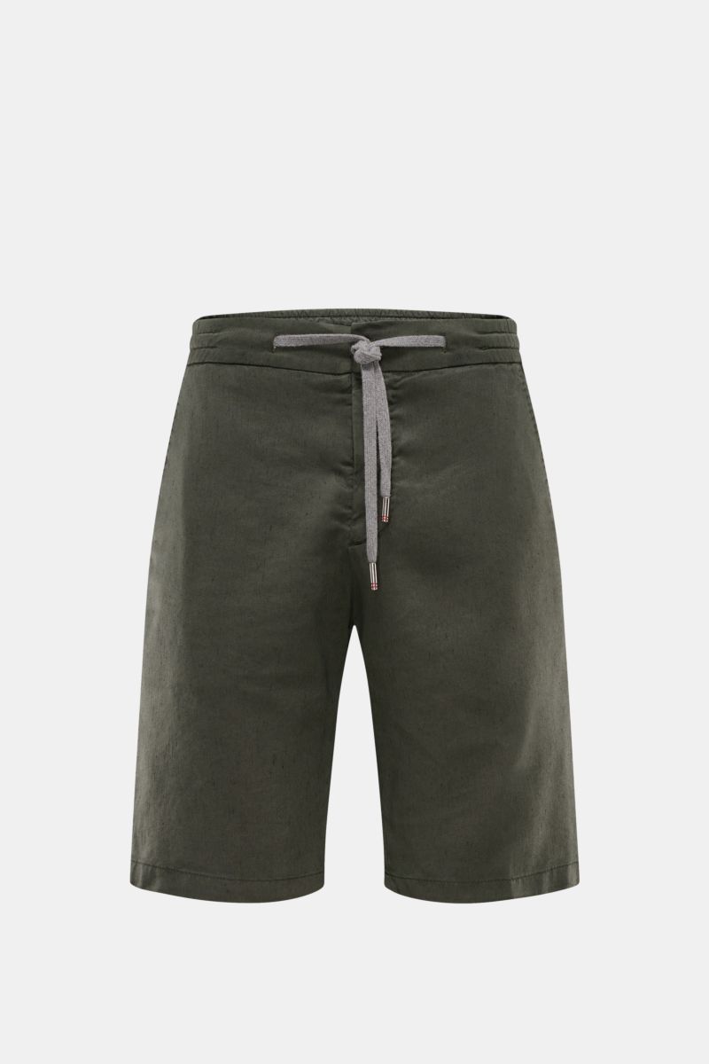 Marco Pescarolo Bermudas 'Cenito' graugrün, frontale Ansicht, leichte Leinen-Lyocell-Mischung, elastischer Bund, Tunnelzug, Taschen mit Reißverschluss.