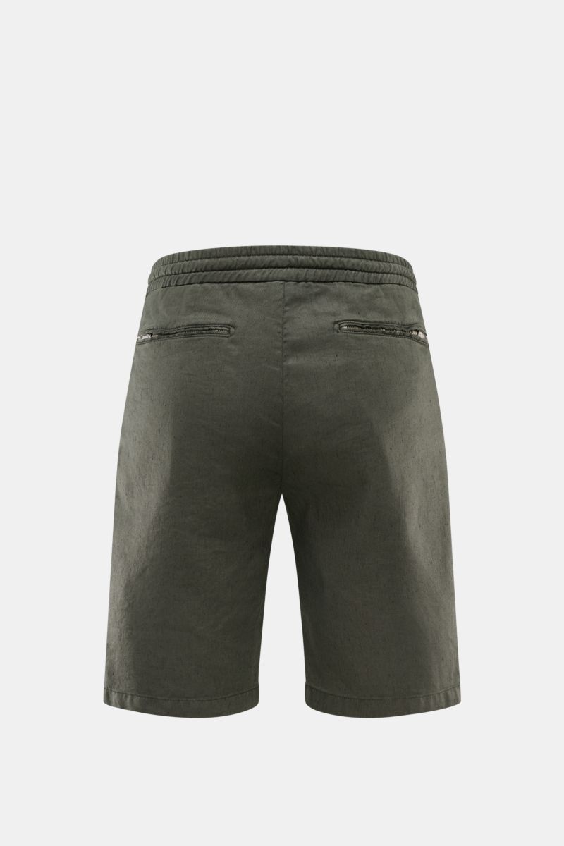 Marco Pescarolo Bermudas 'Cenito' graugrün, Rückansicht, aus leicht elastischem Leinen-Lyocell-Mix mit Reißverschluss-Gesäßtaschen.