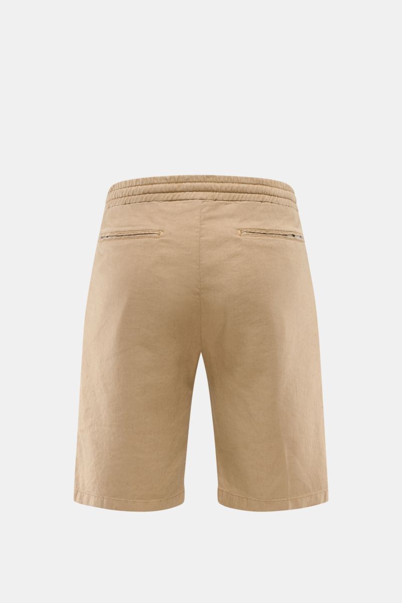 Marco Pescarolo Bermudas 'Cenito' beige, Rückansicht, leichte Leinen-Lyocell-Qualität, elastischer Bund mit Tunnelzug, Reißverschluss-Taschen.