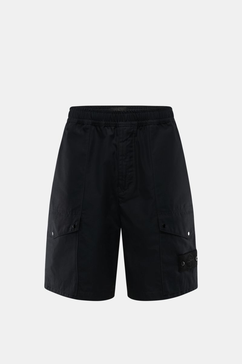 Front view of Stone Island Shorts 'Ghost' black in pure cotton with elastic waistband, four front and jetted back pockets, and compass badge.

Description:  
Modern utility design: These STONE ISLAND shorts from the 'Ghost' Capsule Collection are timel