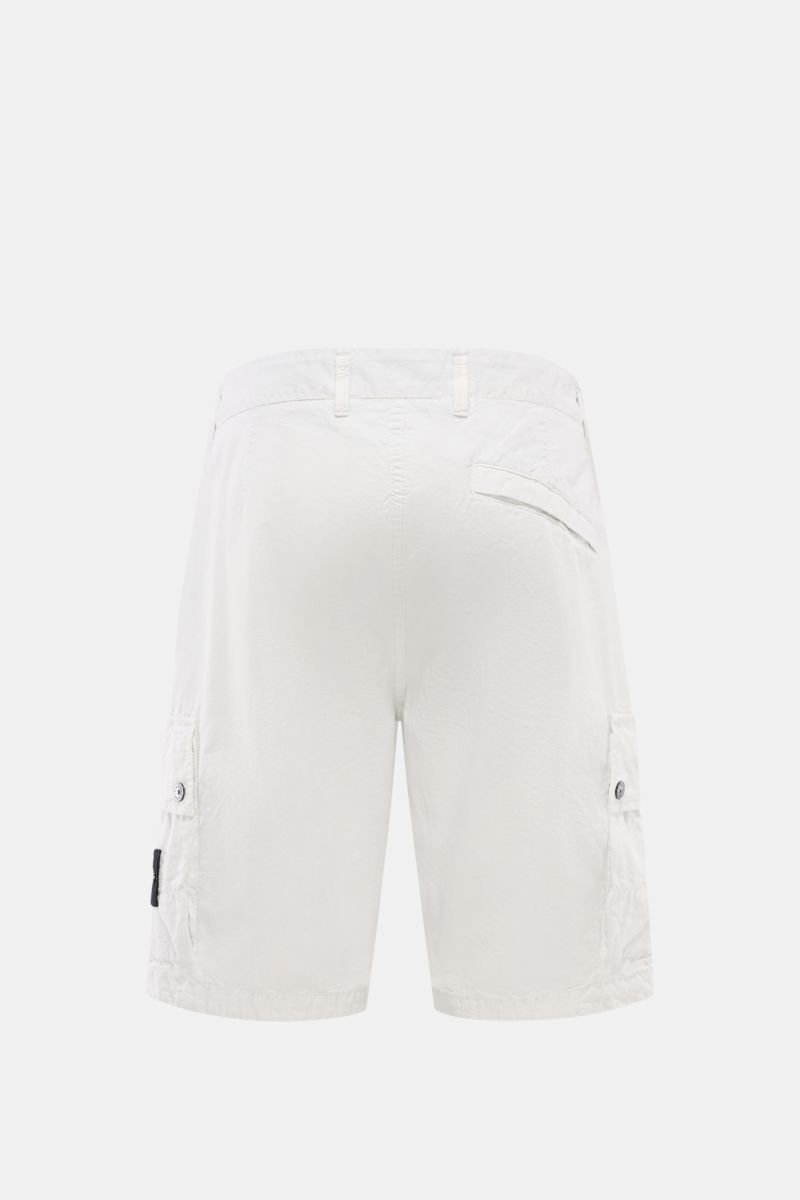 Stone Island Cargo-Bermudas hellgrau, Rückansicht, reine Baumwolle, Regular Fit, Hüft- und Cargotaschen mit Knöpfen, Kompass-Badge.
