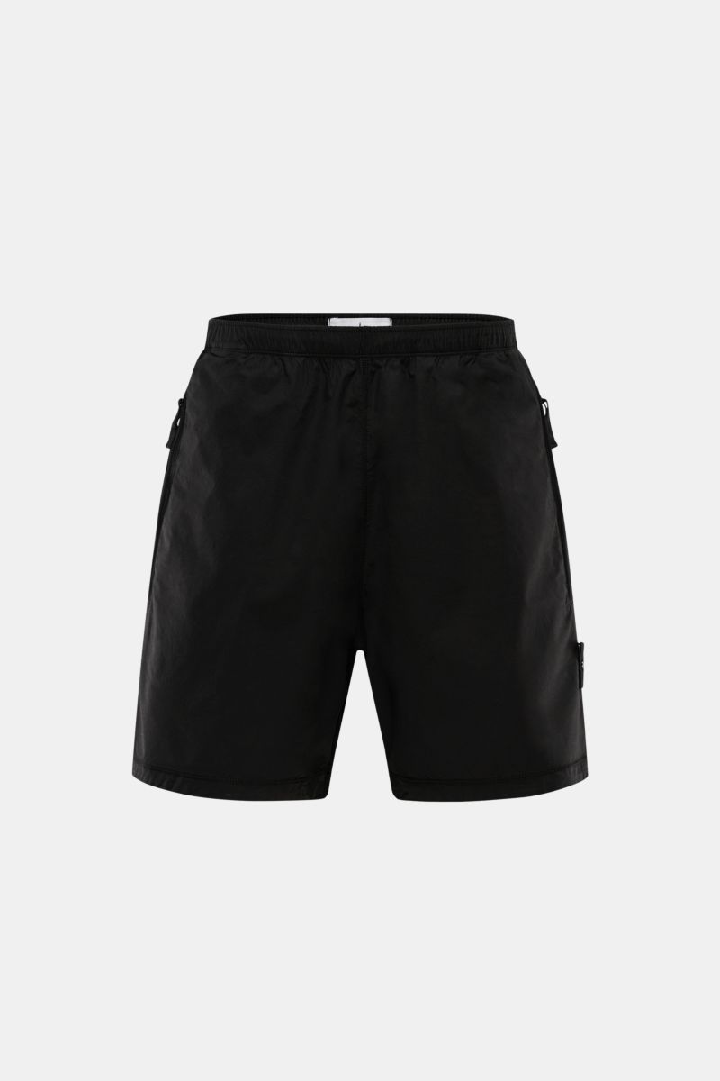 Front view of Stone Island Shorts 'Paracadute' black, lightweight stretch cotton with elastic waistband, zip pockets, and compass badge.