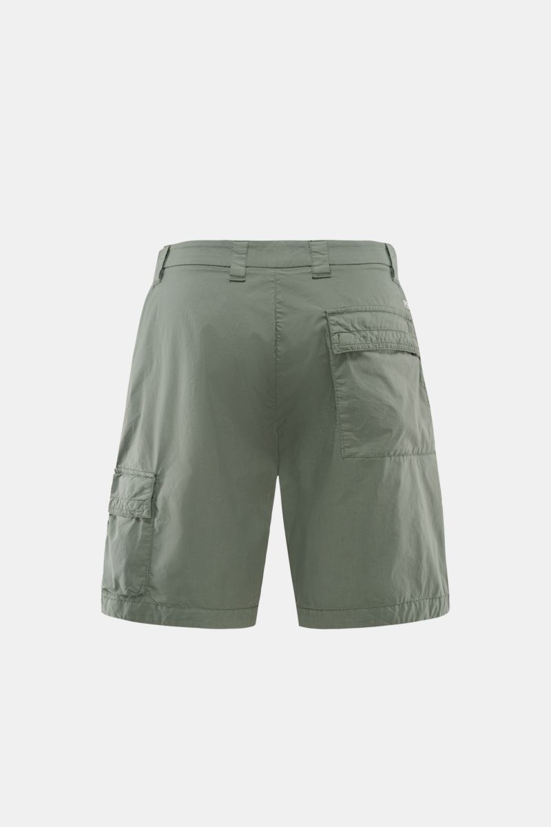 C.P. Company Cargo-Bermudas graugrün, Rückansicht, Utility-Ästhetik, Baumwolle-Microfaser-Mix, Regular Fit, Cargo- und Gesäßtasche mit Patte, Reißverschluss und Bundknopf.
