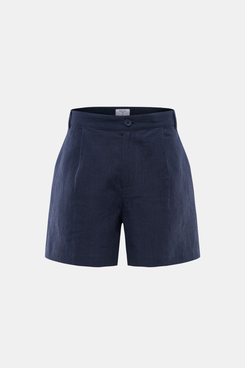 Alt tag (125 characters max):
Front view of Percival Linen shorts navy in pure linen with pleats, zip, button, French and jetted back pockets, regular fit.

Description:
Stay smart this summer: These shorts made of pure, airy linen by London label PERC