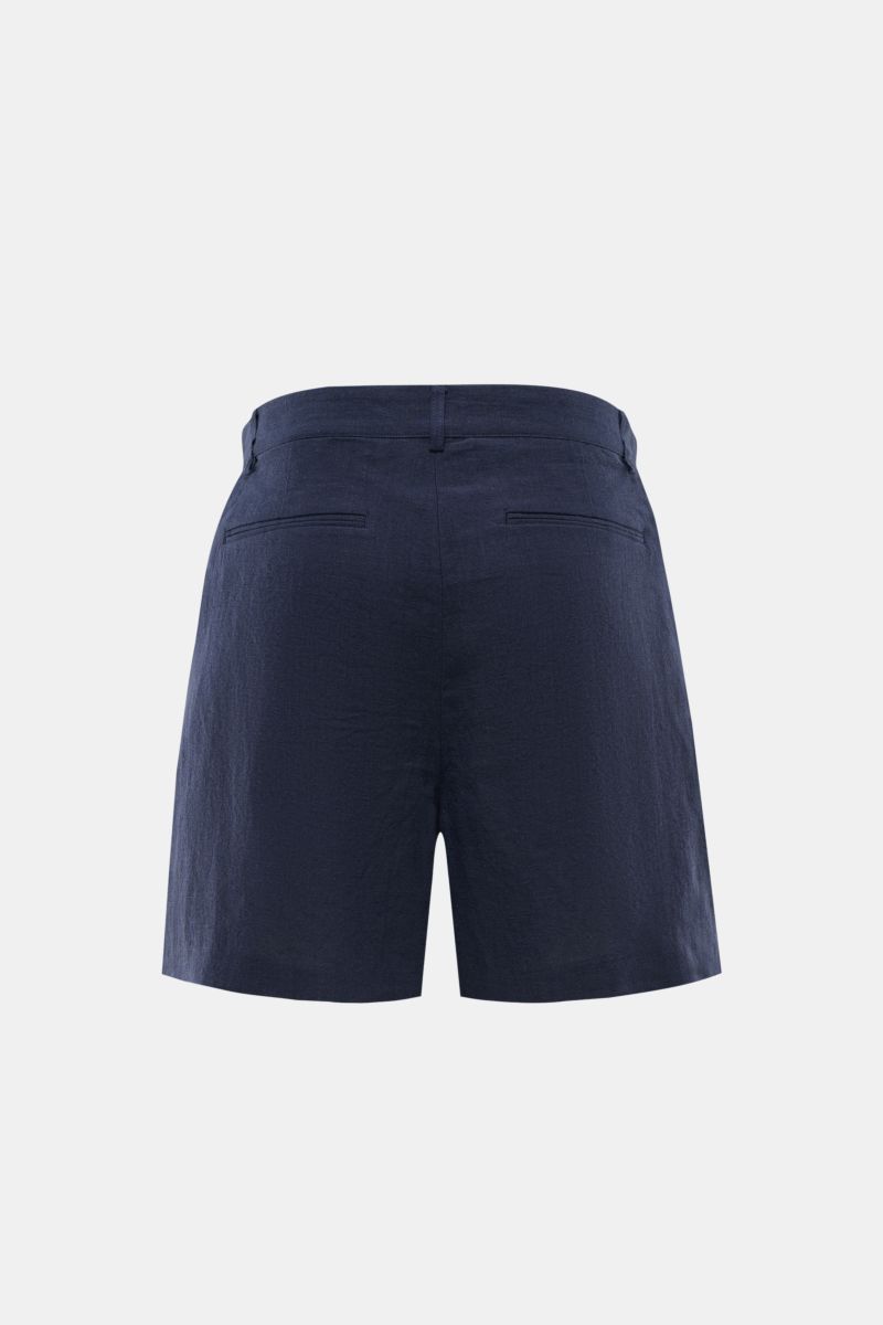 Alt tag (125 characters max): Rear view of Percival Linen shorts navy in pure linen with jetted back pockets, simple pleat, and regular fit.

Description:
Stay smart this summer: These shorts made of pure, airy linen by London label PERCIVAL is made fo
