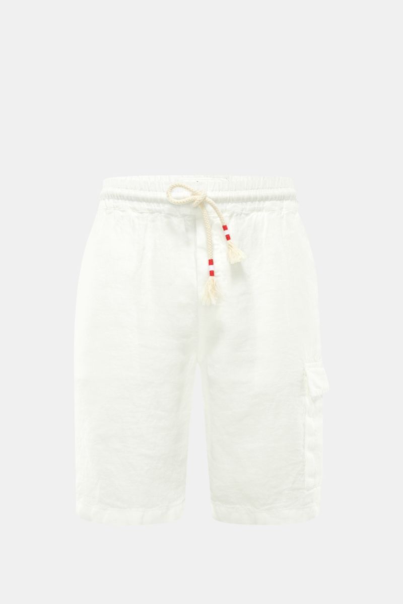 MC2 Saint Barth Leinen Cargo-Shorts 'Marseille' offwhite, frontale Nahaufnahme mit elastischem Bund, Kordel und Cargo-Tasche aus leichtem Leinenstoff.