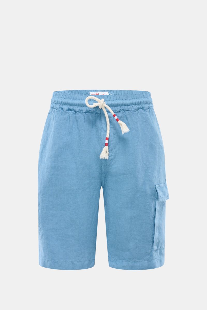 MC2 Saint Barth Leinen Cargo-Shorts 'Marseille' rauchblau, Frontansicht, leichter Leinenstoff, elastischer Bund mit Tunnelzug und Kordel, Cargo- und Gesäßtaschen.