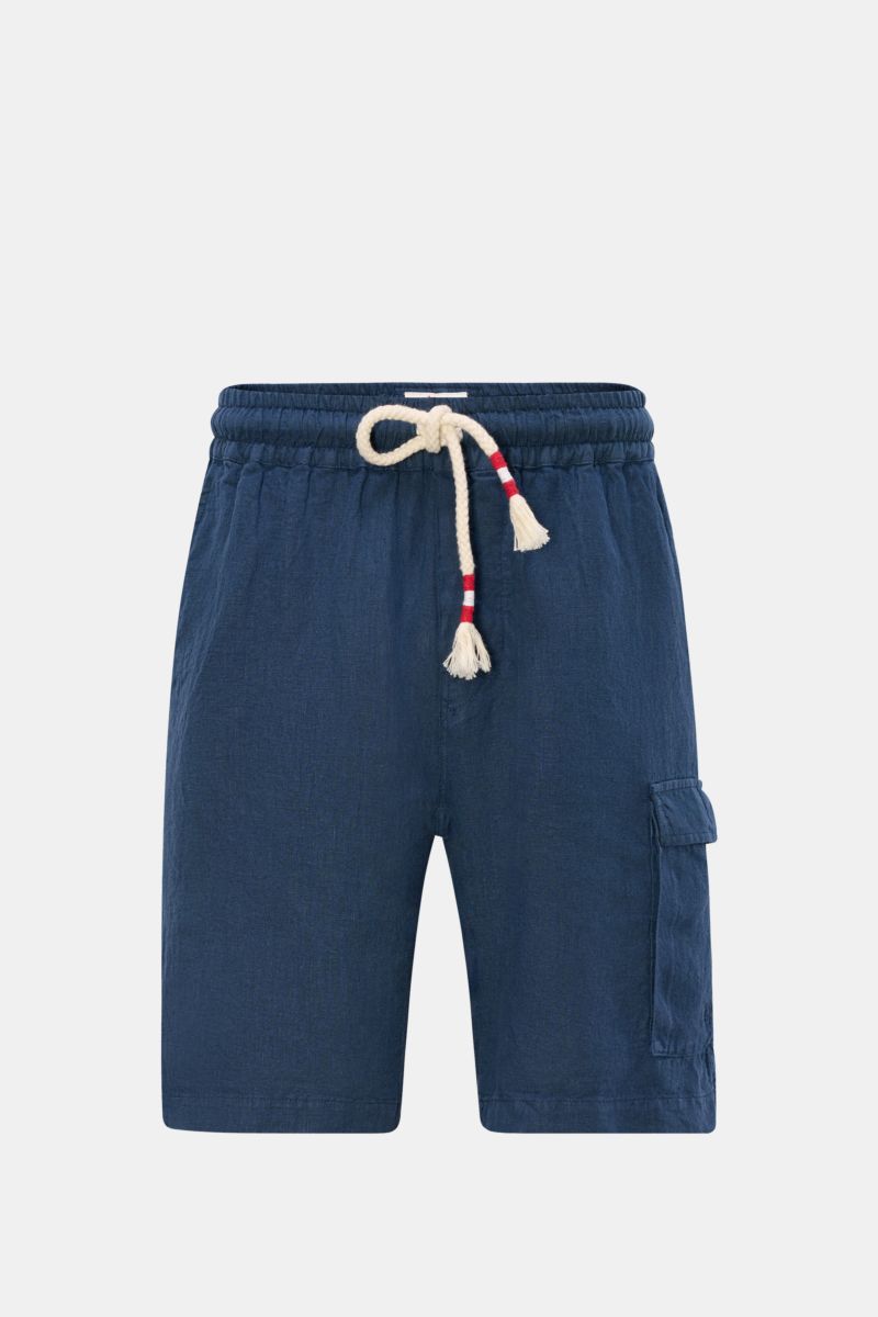Front view of MC2 Saint Barth Leinen Cargo-Shorts 'Marseille' navy, lightweight pure linen with elastic waistband, drawstring, cargo and back pockets, and distinctive back label.