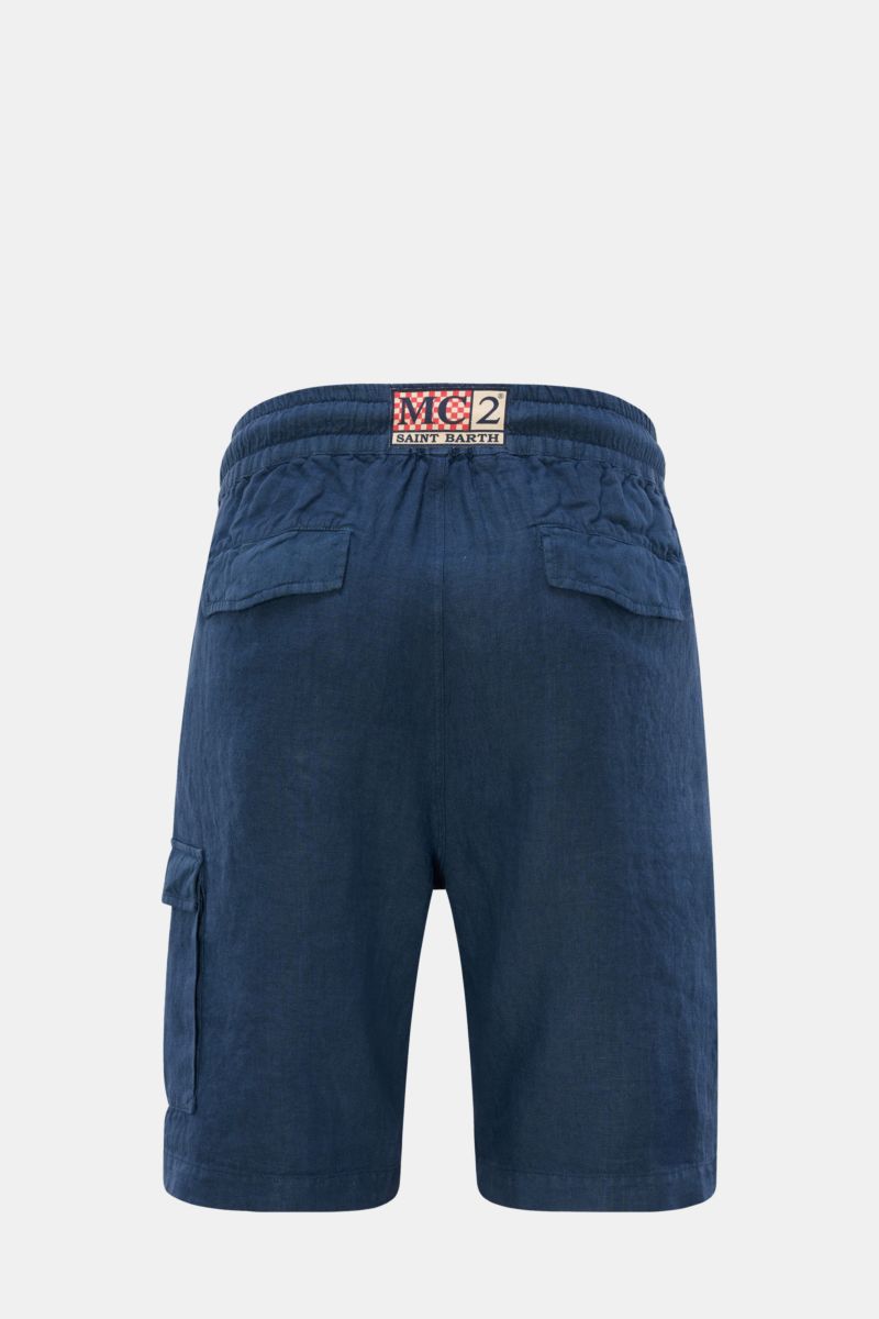 Rear view of MC2 Saint Barth Leinen Cargo-Shorts 'Marseille' navy made from pure linen with elastic waistband, cargo and back pockets, and a distinctive woven label.