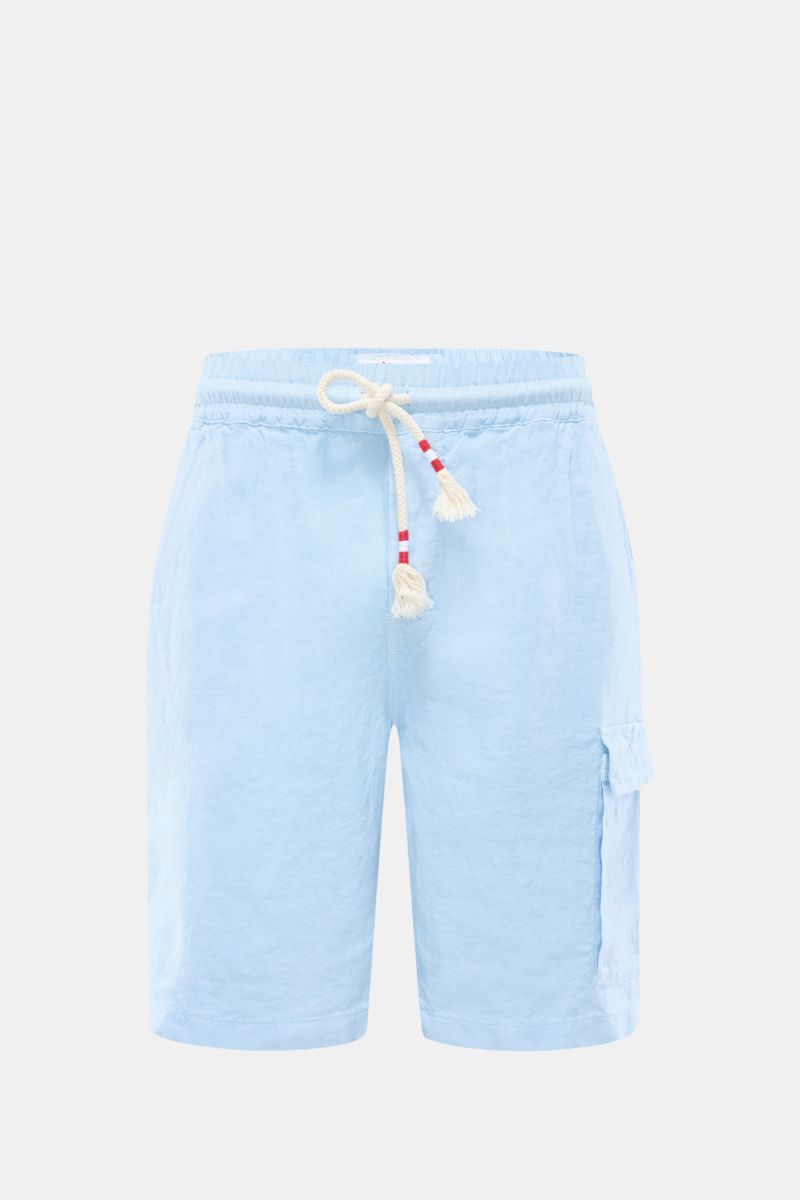 MC2 Saint Barth Leinen Cargo-Shorts 'Marseille' hellblau, frontale Nahaufnahme, elastischer Bund, Kordel, Cargo- und Gesäßtaschen, Weblabel.
