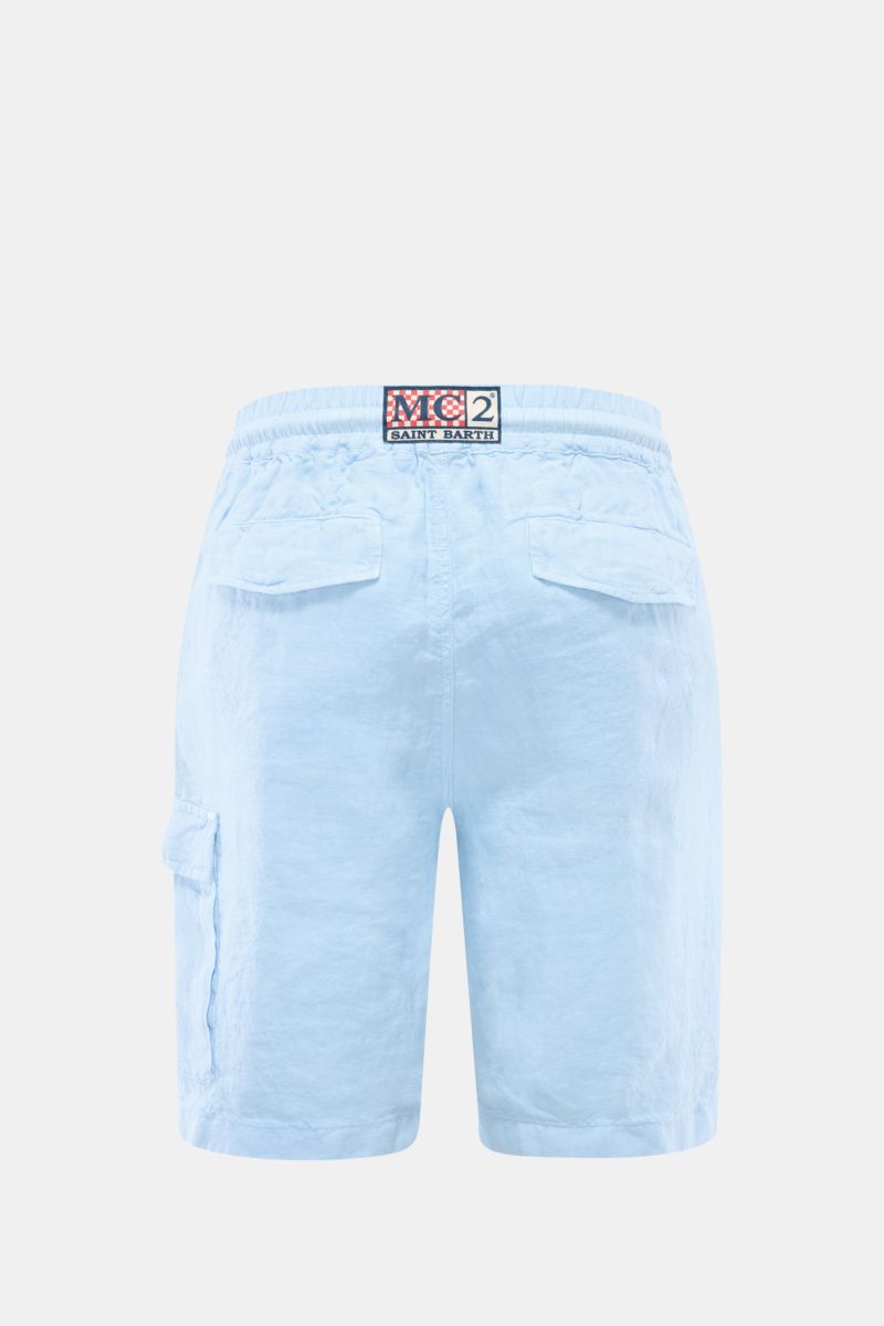 MC2 Saint Barth Leinen Cargo-Shorts 'Marseille' hellblau, Rückansicht mit elastischem Bund, Cargo- und Gesäßtaschen sowie markantem Weblabel.
