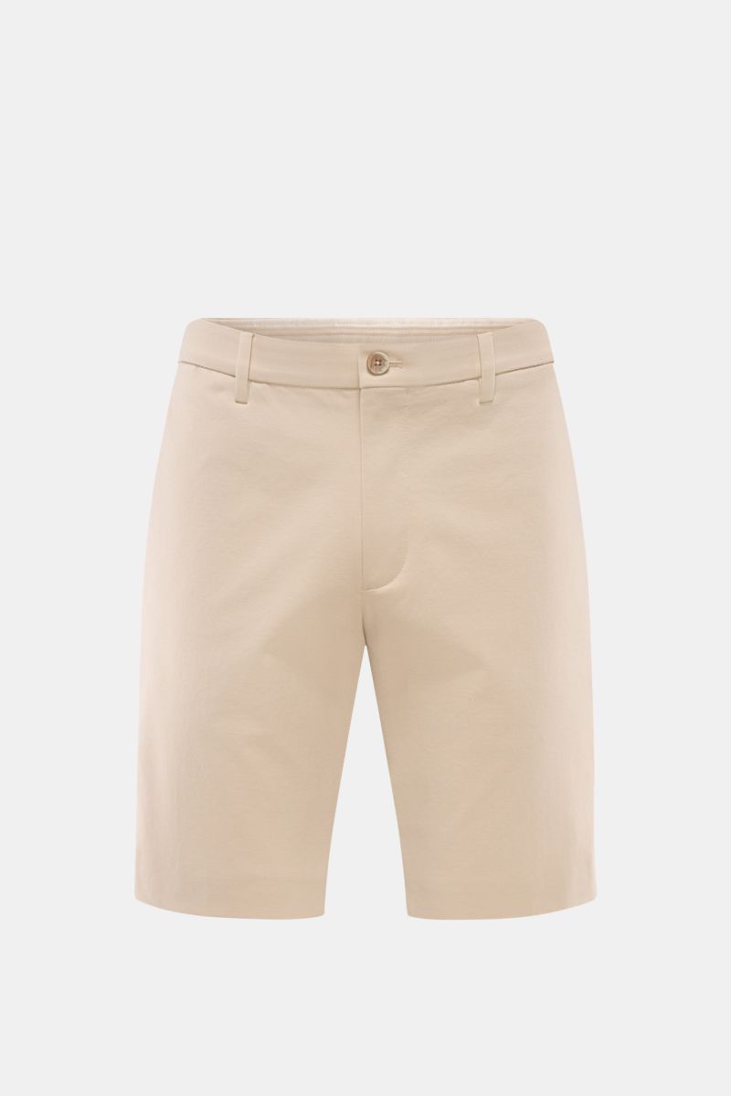 Front view of GTA Jersey shorts 'Davide' beige, made from a soft cotton and microfiber blend with zip, button, and elastic waistband.

A soft blend of cotton and premium microfibre in a jersey finish makes the casual shorts 'Davide' by GTA a comfortabl